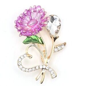 Gold Tone Purple Flower Teardrop Crystal Brooch Pin Heart Rhinestones Elegant